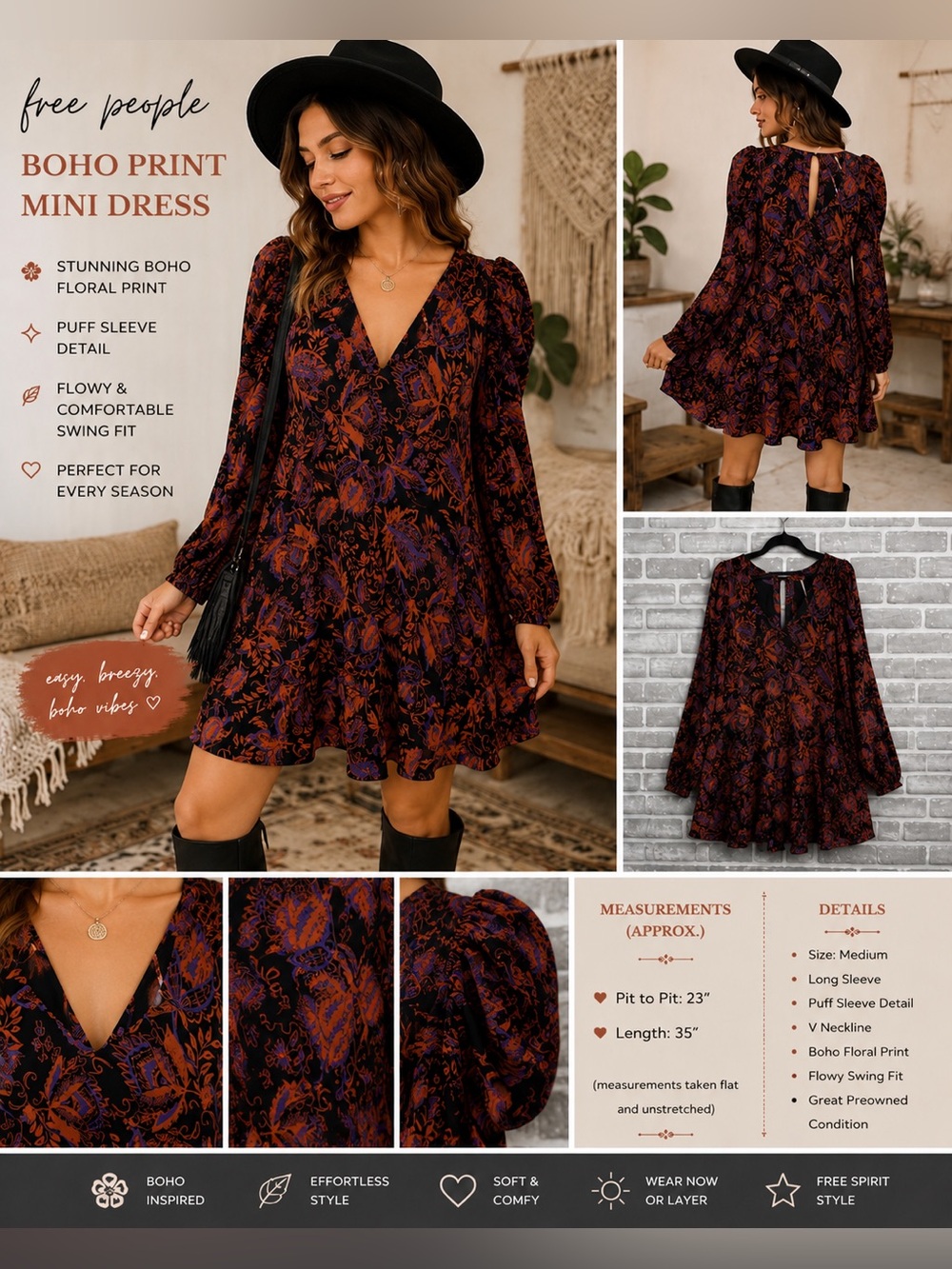 Free People Printed Babydoll Tunic Dress Medium Boho Festival Fall Mini